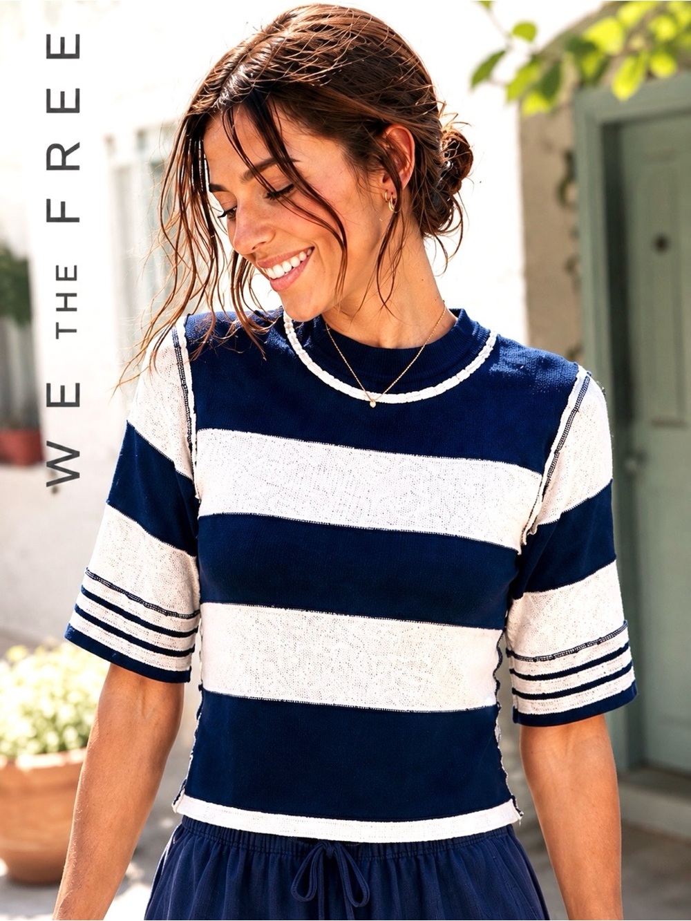 FREE PEOPLE We The Free Collection Navy & White Striped Top